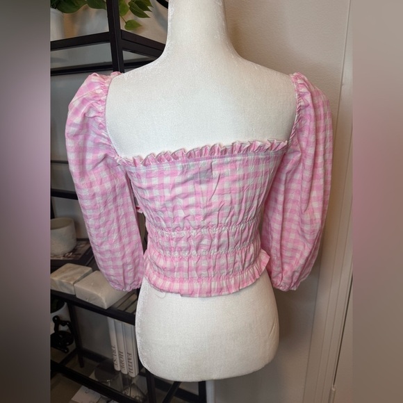 NWT Charlie Holiday Boheme Off The Shoulder Checkered Peasant Top Pink Size XS - Picture 5 of 7